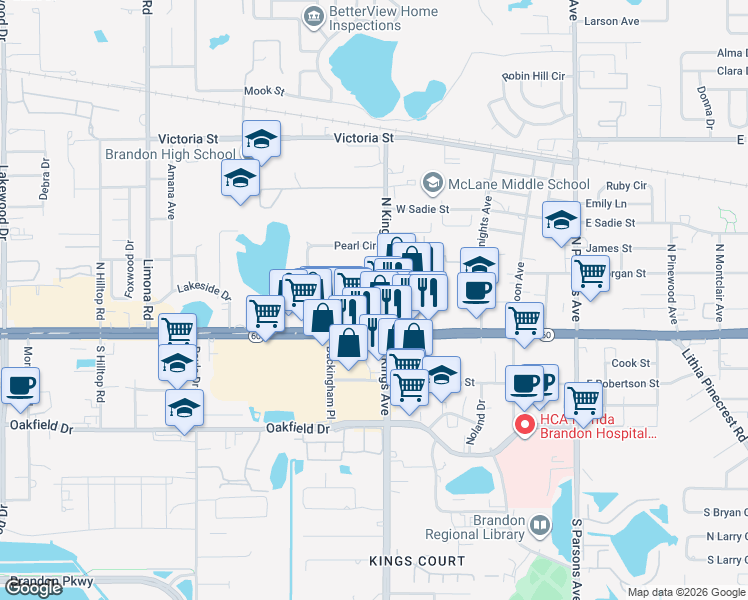 map of restaurants, bars, coffee shops, grocery stores, and more near 116 North Kings Avenue in Brandon