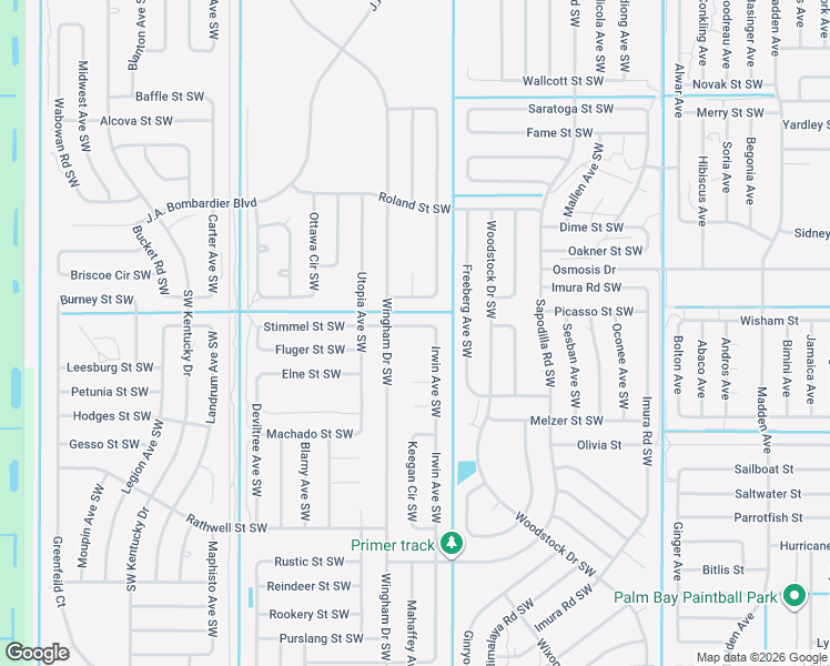 map of restaurants, bars, coffee shops, grocery stores, and more near 1212 Stimmel Street Southwest in Palm Bay