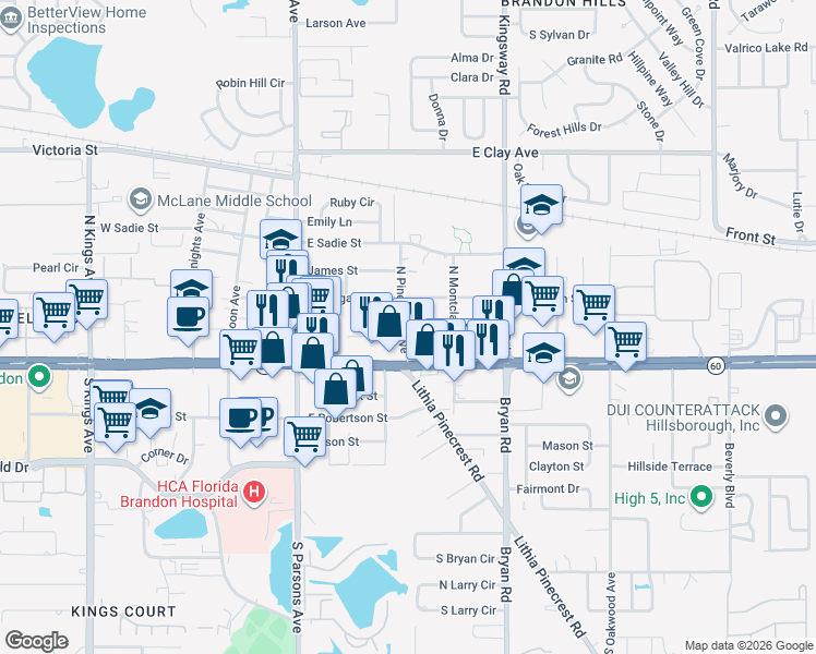 map of restaurants, bars, coffee shops, grocery stores, and more near 175 Picardy Villa Circle in Brandon