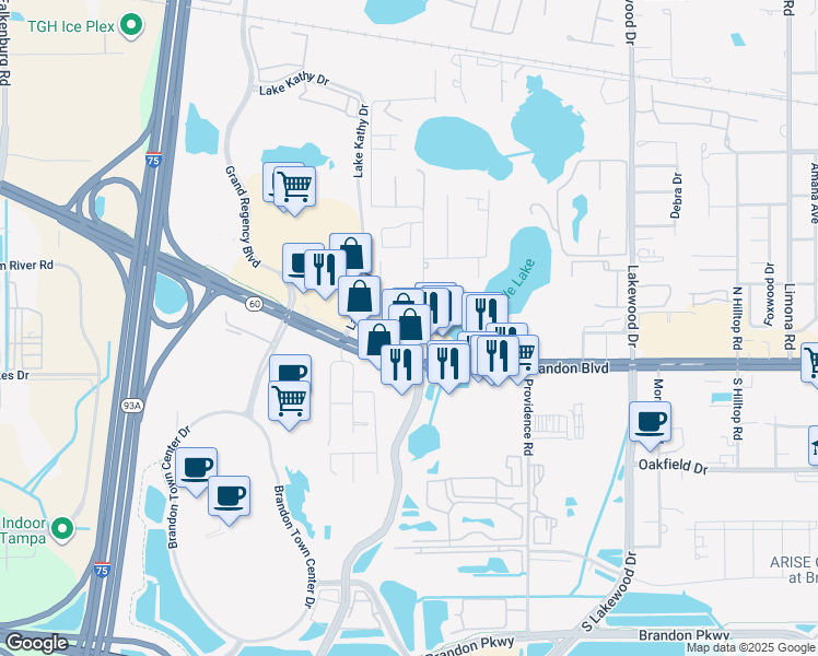 map of restaurants, bars, coffee shops, grocery stores, and more near 130 Gornto Lake Road in Brandon
