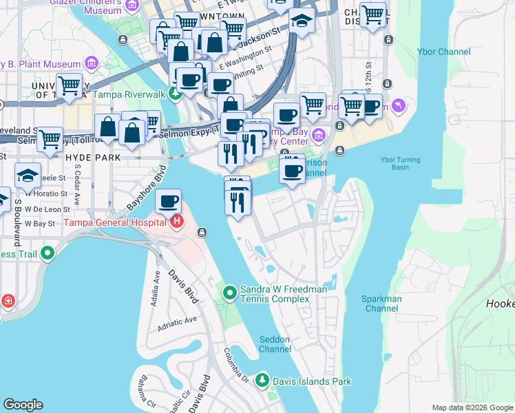 map of restaurants, bars, coffee shops, grocery stores, and more near 700 South Harbour Island Boulevard in Tampa