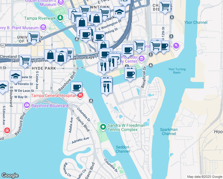 map of restaurants, bars, coffee shops, grocery stores, and more near 700 South Harbour Island Boulevard in Tampa