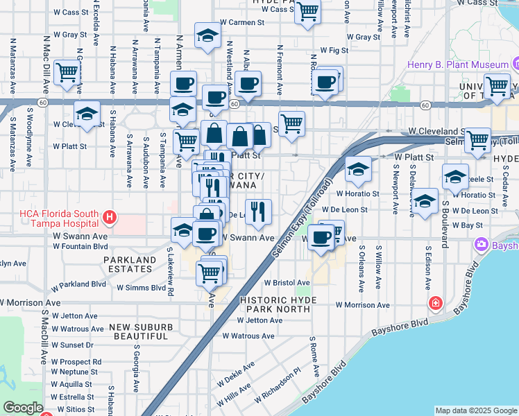 map of restaurants, bars, coffee shops, grocery stores, and more near 509 South Melville Avenue in Tampa