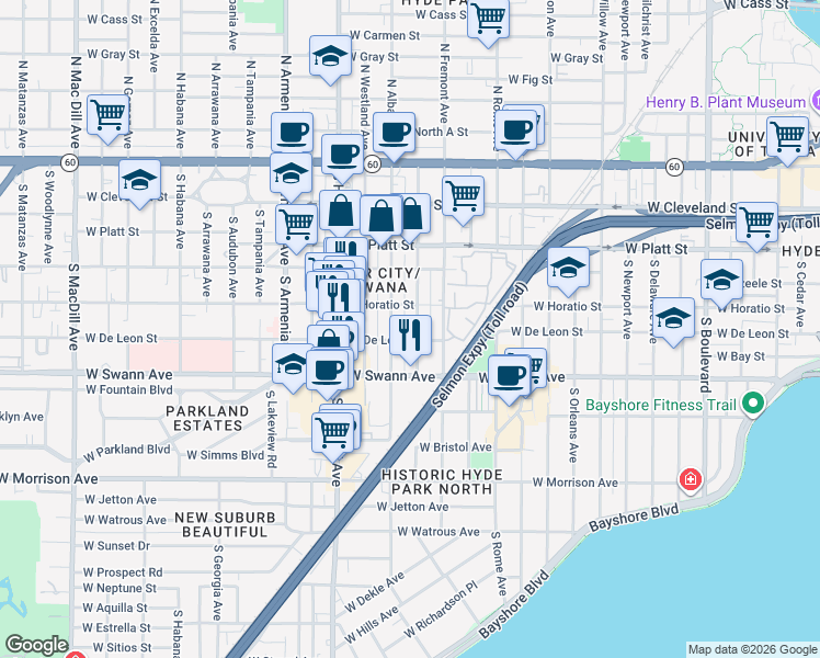 map of restaurants, bars, coffee shops, grocery stores, and more near 509 South Melville Avenue in Tampa