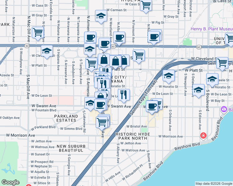 map of restaurants, bars, coffee shops, grocery stores, and more near 509 South Melville Avenue in Tampa