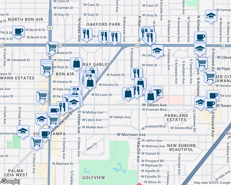 map of restaurants, bars, coffee shops, grocery stores, and more near 3219 West De Leon Street in Tampa