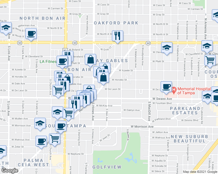map of restaurants, bars, coffee shops, grocery stores, and more near 3410 Henderson Boulevard in Tampa