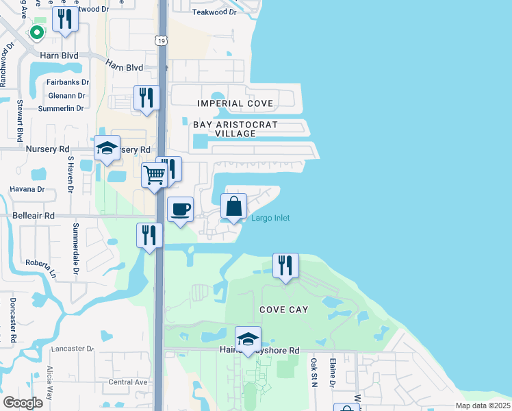 map of restaurants, bars, coffee shops, grocery stores, and more near 2731 Via Capri in Clearwater