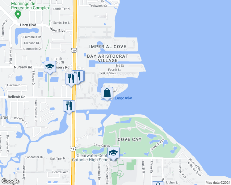 map of restaurants, bars, coffee shops, grocery stores, and more near 2731 Via Capri in Clearwater
