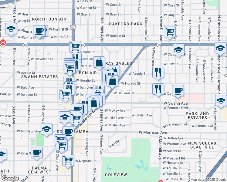 map of restaurants, bars, coffee shops, grocery stores, and more near 3410 Henderson Boulevard in Tampa