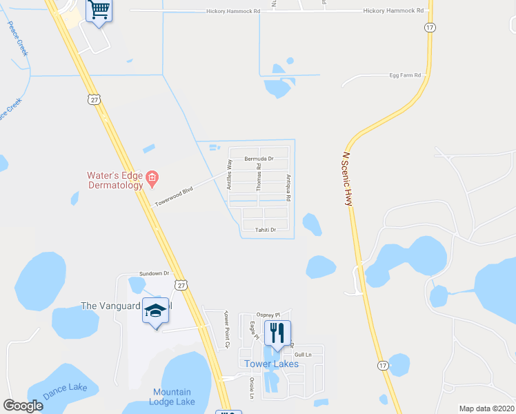 map of restaurants, bars, coffee shops, grocery stores, and more near Caymen Way in Lake Wales
