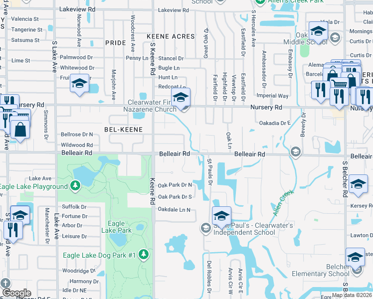 map of restaurants, bars, coffee shops, grocery stores, and more near 1868 Northwood Drive in Clearwater