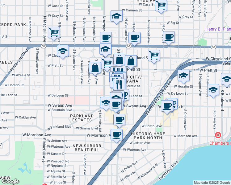 map of restaurants, bars, coffee shops, grocery stores, and more near 555 South Howard Avenue in Tampa