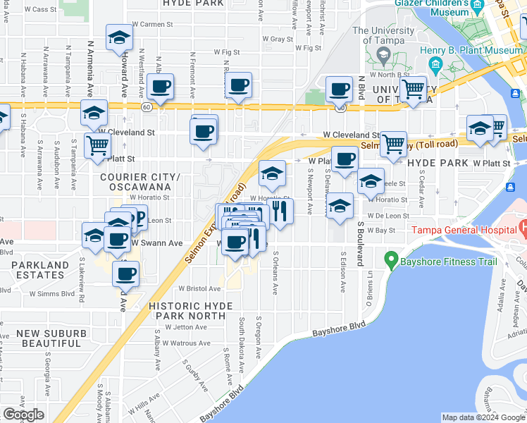 map of restaurants, bars, coffee shops, grocery stores, and more near 510 South Oregon Avenue in Tampa