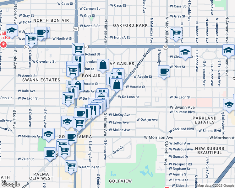 map of restaurants, bars, coffee shops, grocery stores, and more near 3410 Henderson Boulevard in Tampa