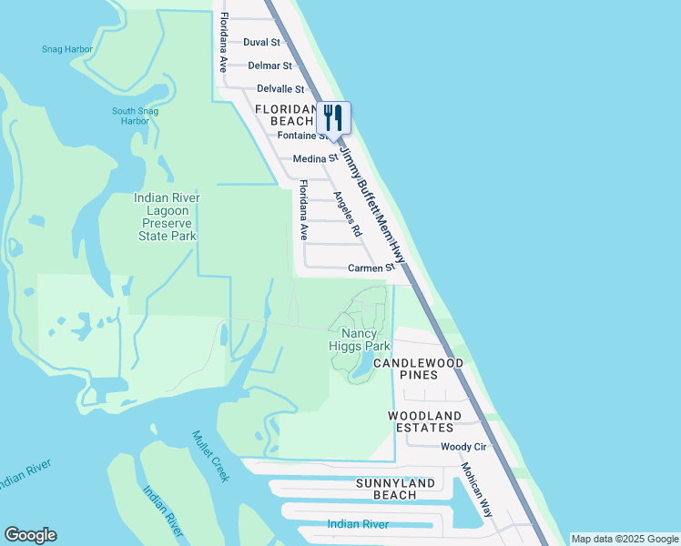 map of restaurants, bars, coffee shops, grocery stores, and more near 111 Carmen Street in Melbourne Beach