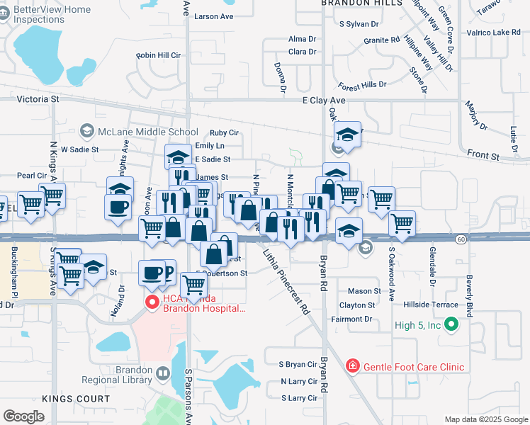 map of restaurants, bars, coffee shops, grocery stores, and more near 145 Picardy Villa Circle in Brandon