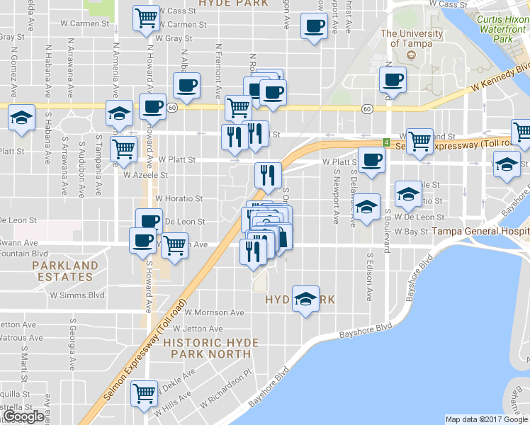 map of restaurants, bars, coffee shops, grocery stores, and more near 509 South Dakota Avenue in Tampa
