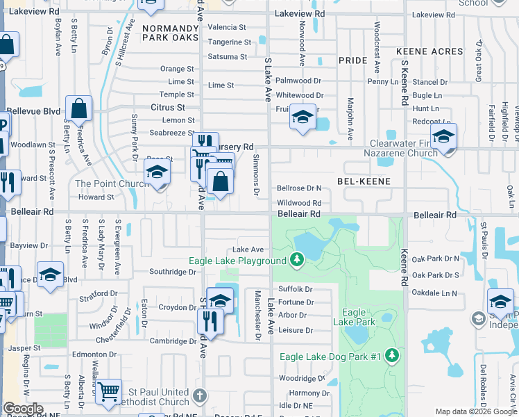 map of restaurants, bars, coffee shops, grocery stores, and more near 1570 Belleair Road in Clearwater