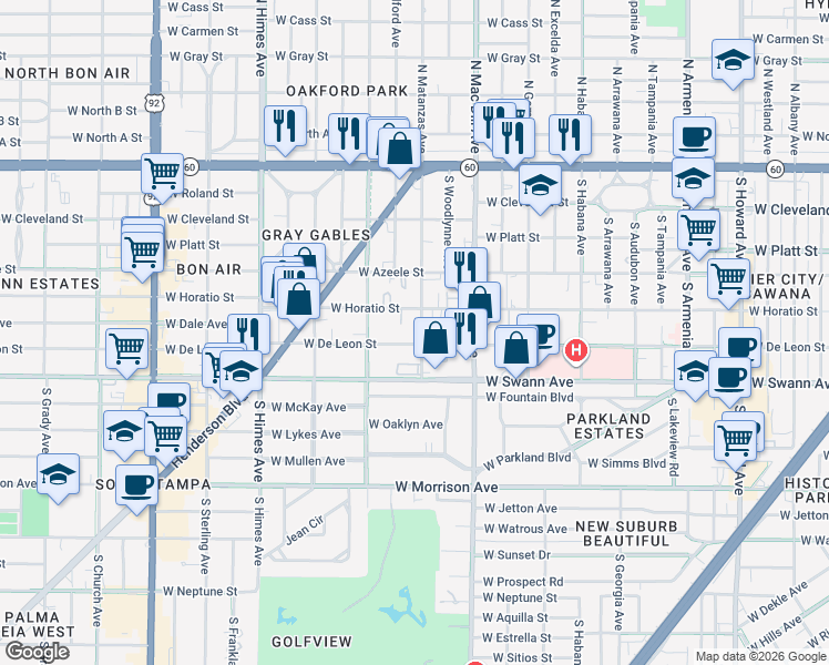 map of restaurants, bars, coffee shops, grocery stores, and more near 515 South Matanzas Avenue in Tampa