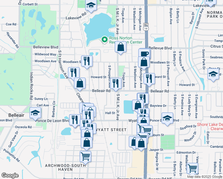 map of restaurants, bars, coffee shops, grocery stores, and more near 902 Belleair Road in Clearwater