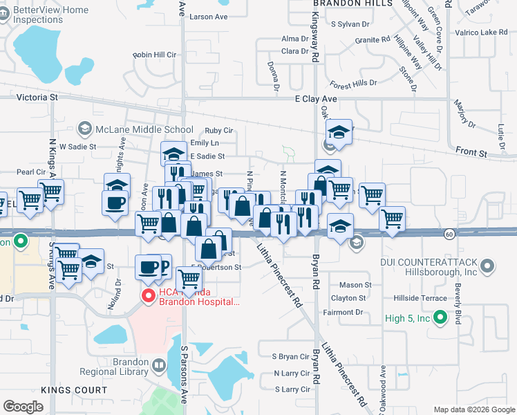 map of restaurants, bars, coffee shops, grocery stores, and more near 165 Picardy Villa Circle in Brandon