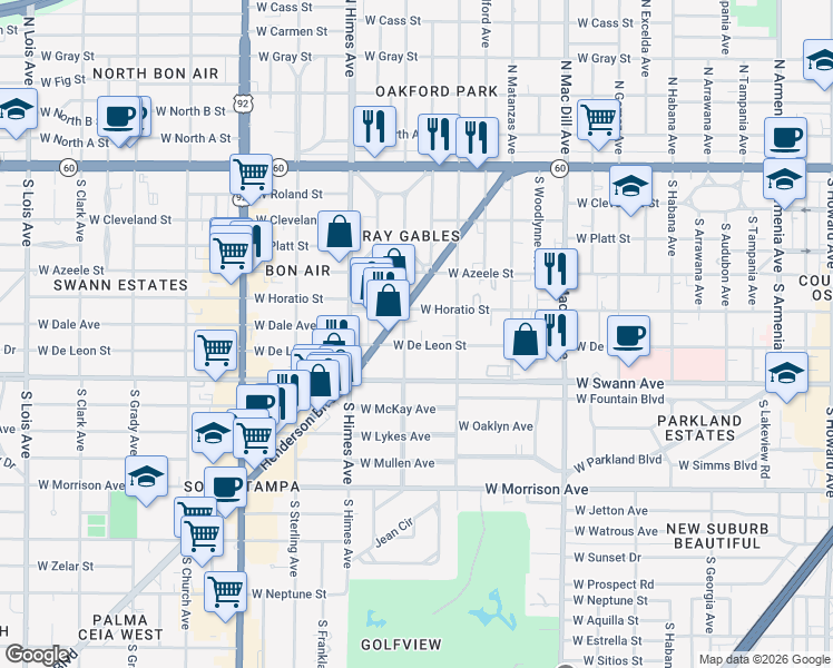 map of restaurants, bars, coffee shops, grocery stores, and more near 3321 West De Leon Street in Tampa