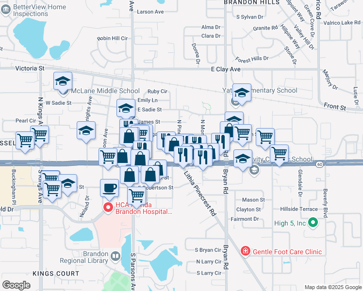 map of restaurants, bars, coffee shops, grocery stores, and more near 145 Picardy Villa Circle in Brandon
