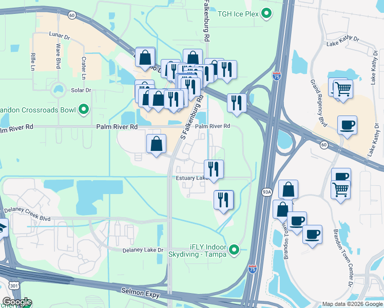 map of restaurants, bars, coffee shops, grocery stores, and more near 10143 Palm River Road in Tampa