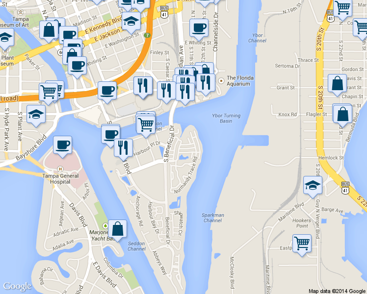map of restaurants, bars, coffee shops, grocery stores, and more near 732 Seagate Drive in Tampa