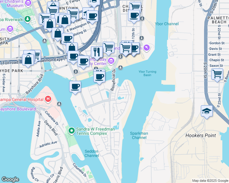 map of restaurants, bars, coffee shops, grocery stores, and more near 732 Seagate Drive in Tampa