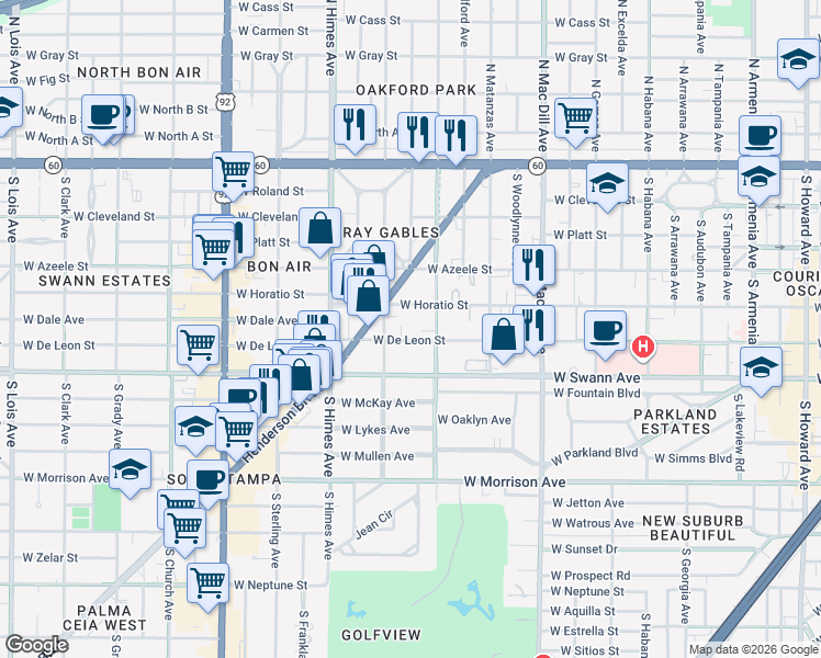 map of restaurants, bars, coffee shops, grocery stores, and more near 3315 West De Leon Street in Tampa
