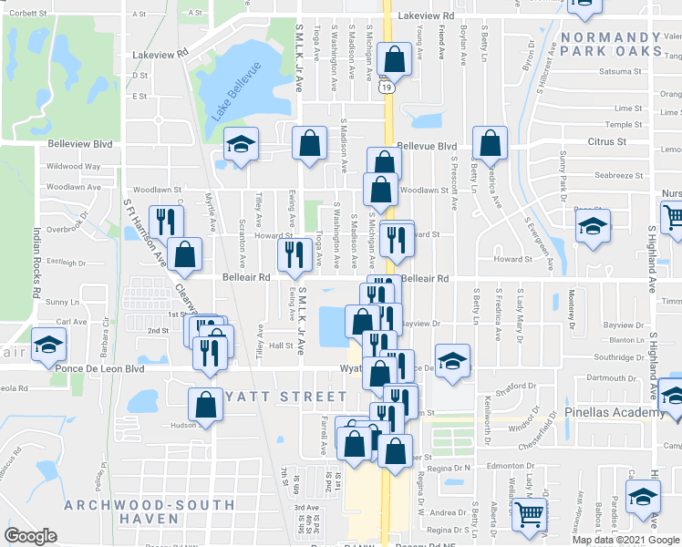 map of restaurants, bars, coffee shops, grocery stores, and more near 1138 Belleair Road in Clearwater