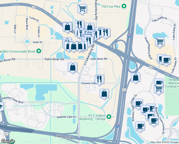 map of restaurants, bars, coffee shops, grocery stores, and more near 10151 Iris Crosstown Drive in Tampa