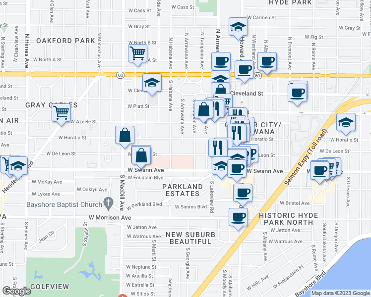 map of restaurants, bars, coffee shops, grocery stores, and more near 2619 West De Leon Street in Tampa