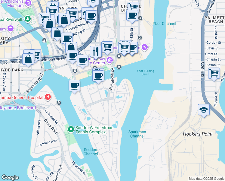 map of restaurants, bars, coffee shops, grocery stores, and more near 732 Seagate Drive in Tampa