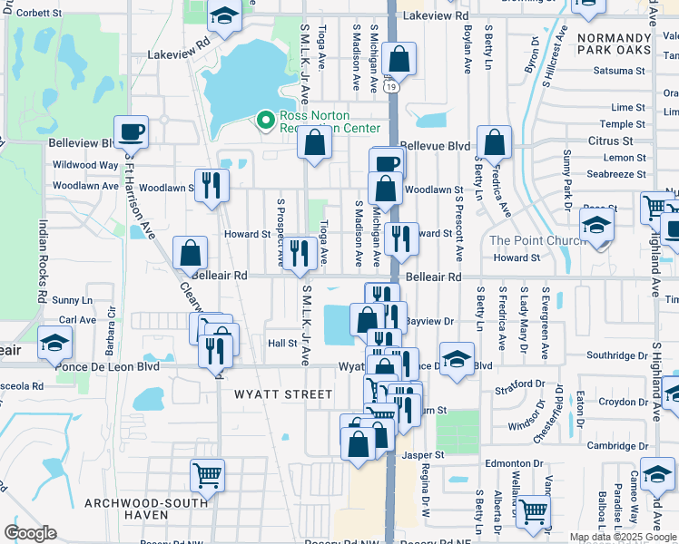 map of restaurants, bars, coffee shops, grocery stores, and more near 1128 Belleair Road in Clearwater