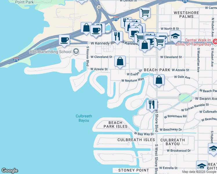 map of restaurants, bars, coffee shops, grocery stores, and more near 21 South Treasure Drive in Tampa