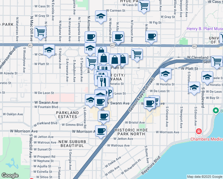 map of restaurants, bars, coffee shops, grocery stores, and more near 508 South Westland Avenue in Tampa