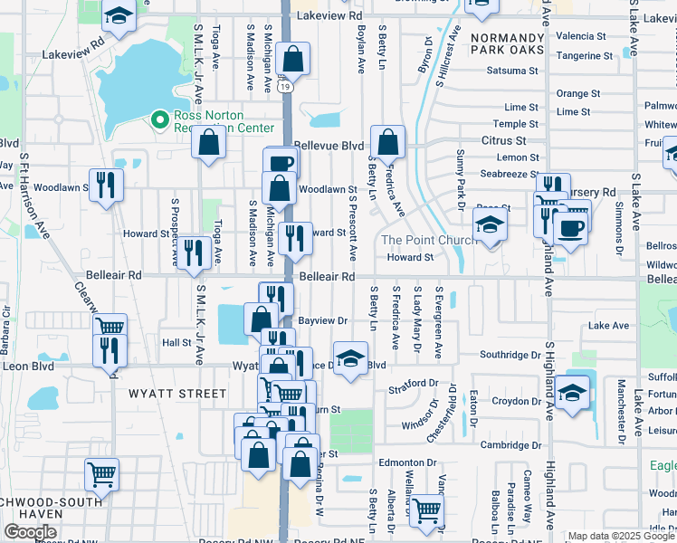 map of restaurants, bars, coffee shops, grocery stores, and more near 1581 Young Avenue in Clearwater
