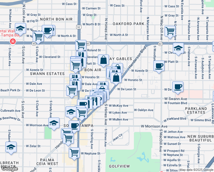 map of restaurants, bars, coffee shops, grocery stores, and more near 15 South Himes Avenue in Tampa