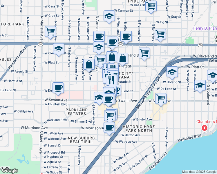map of restaurants, bars, coffee shops, grocery stores, and more near 555 South Howard Avenue in Tampa