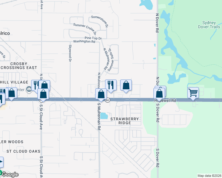 map of restaurants, bars, coffee shops, grocery stores, and more near 219 Castlekeeper Place in Valrico