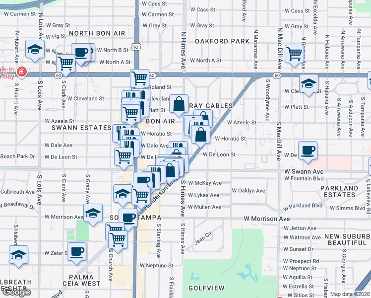 map of restaurants, bars, coffee shops, grocery stores, and more near 500 South Himes Avenue in Tampa