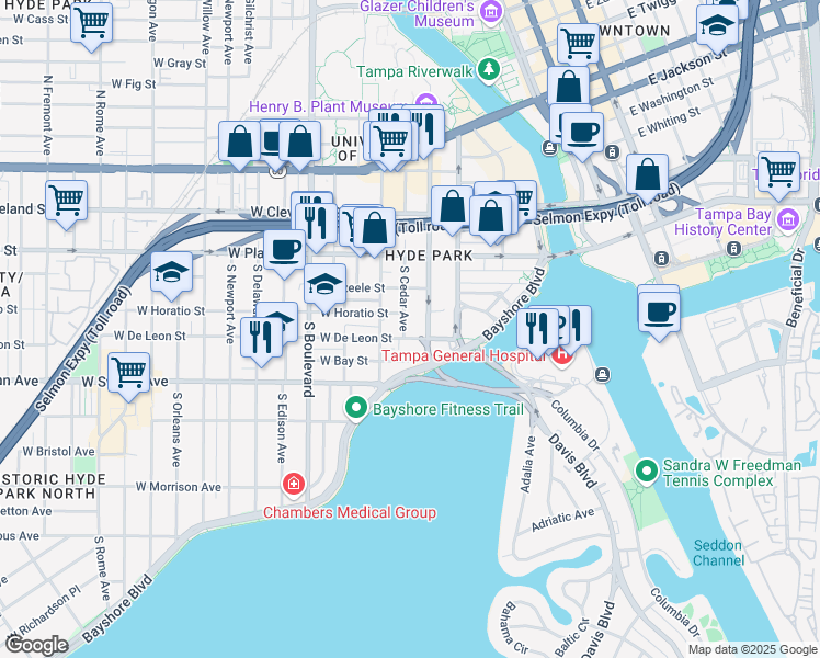 map of restaurants, bars, coffee shops, grocery stores, and more near 509 South Hyde Park Avenue in Tampa