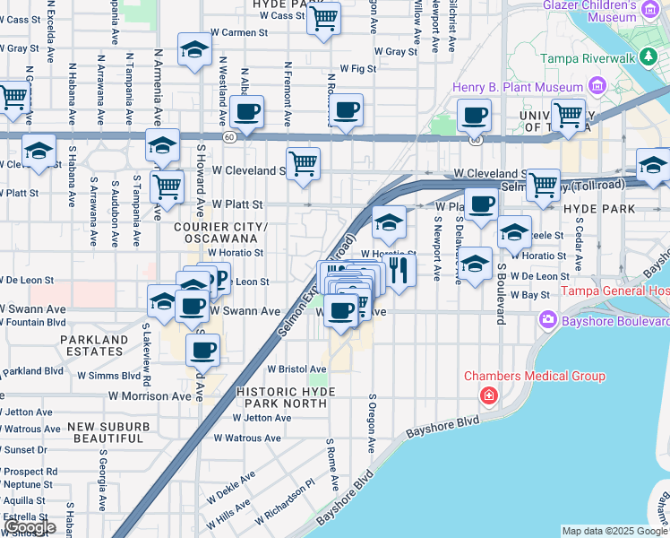 map of restaurants, bars, coffee shops, grocery stores, and more near 509 South Dakota Avenue in Tampa