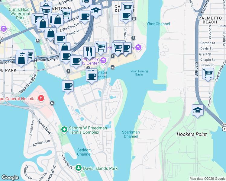 map of restaurants, bars, coffee shops, grocery stores, and more near 732 Seagate Drive in Tampa