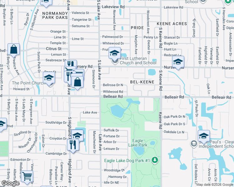 map of restaurants, bars, coffee shops, grocery stores, and more near 1659 Wildwood Road in Clearwater
