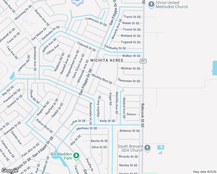 map of restaurants, bars, coffee shops, grocery stores, and more near 2241 Angel Road in Palm Bay