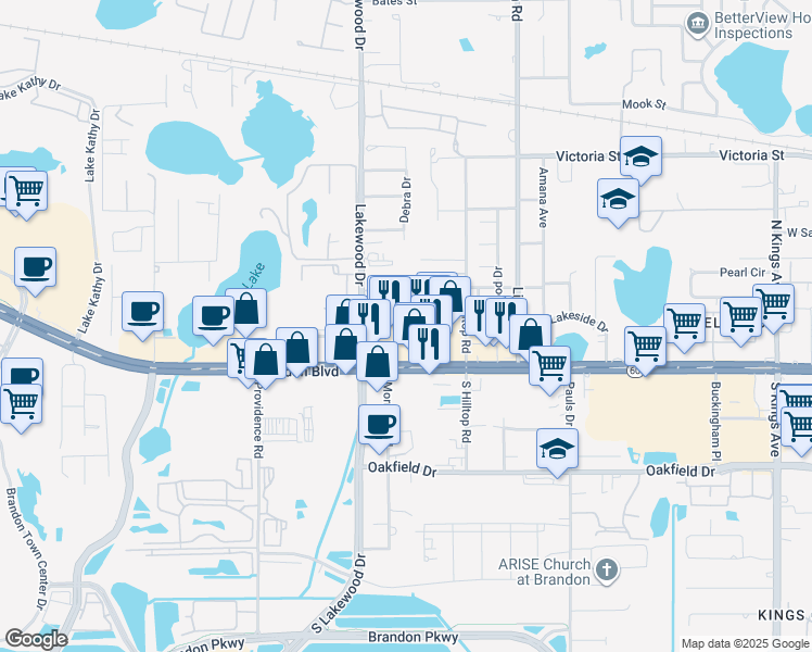 map of restaurants, bars, coffee shops, grocery stores, and more near 1602 West Brandon Boulevard in Brandon